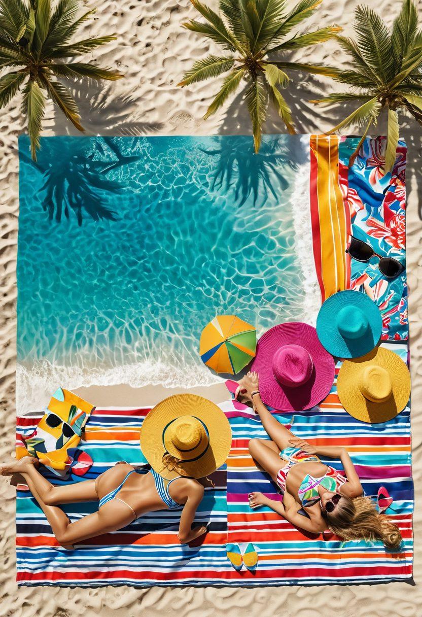 A sun-soaked beach scene showcasing a variety of fashionable swimwear styles laid out on vibrant beach towels. Incorporate playful beach accessories like colorful sunglasses, sun hats, and flip-flops, with palm trees and ocean waves in the background. Feature a diverse group of people confidently showcasing their swimwear, radiating joy and summer vibes. super-realistic. vibrant colors. warm sunlight.
